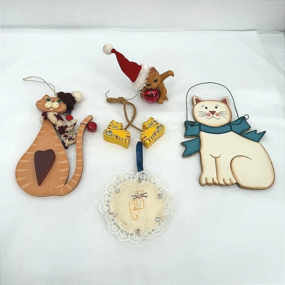 Cat Christmas Ornaments Vintage Mixed LOT Kitten Kitty Cat Holiday Decor 5 Pc